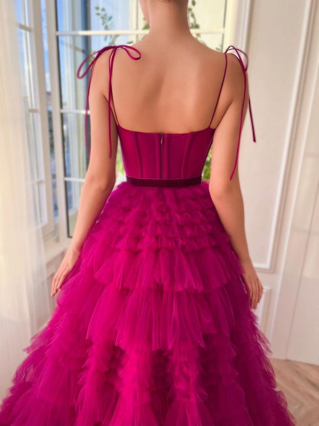 Stunning A-Line Strapless Fuchsia Tiered Long Tulle Prom Dress BM bride