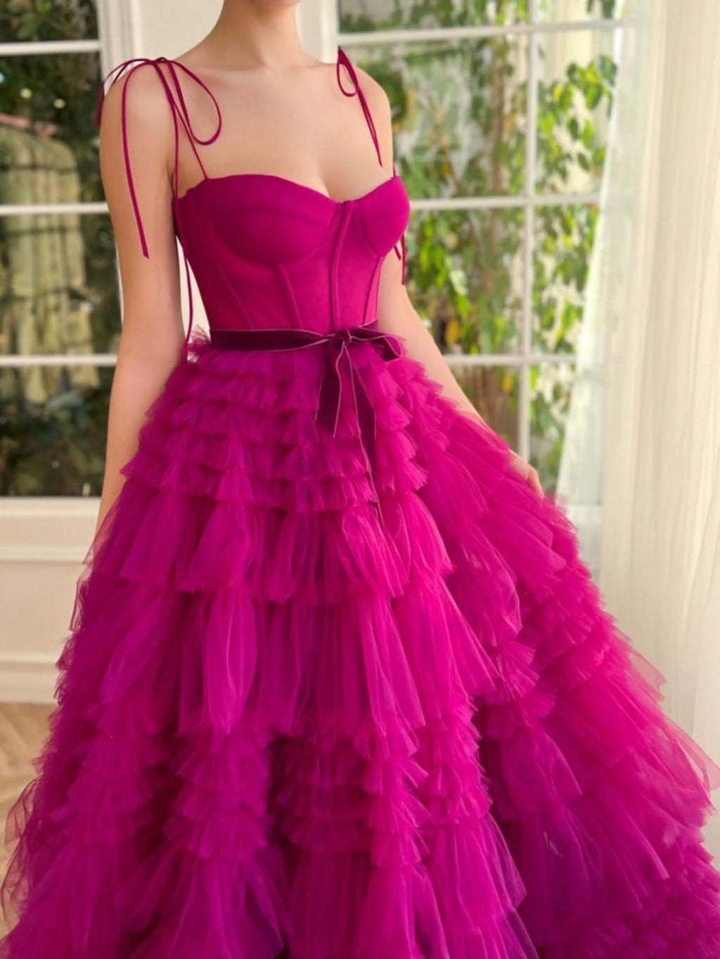 Stunning A-Line Strapless Fuchsia Tiered Long Tulle Prom Dress BM bride