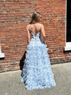 Whimsical Blue Floral Tiered Ruffled Corset Prom Dress