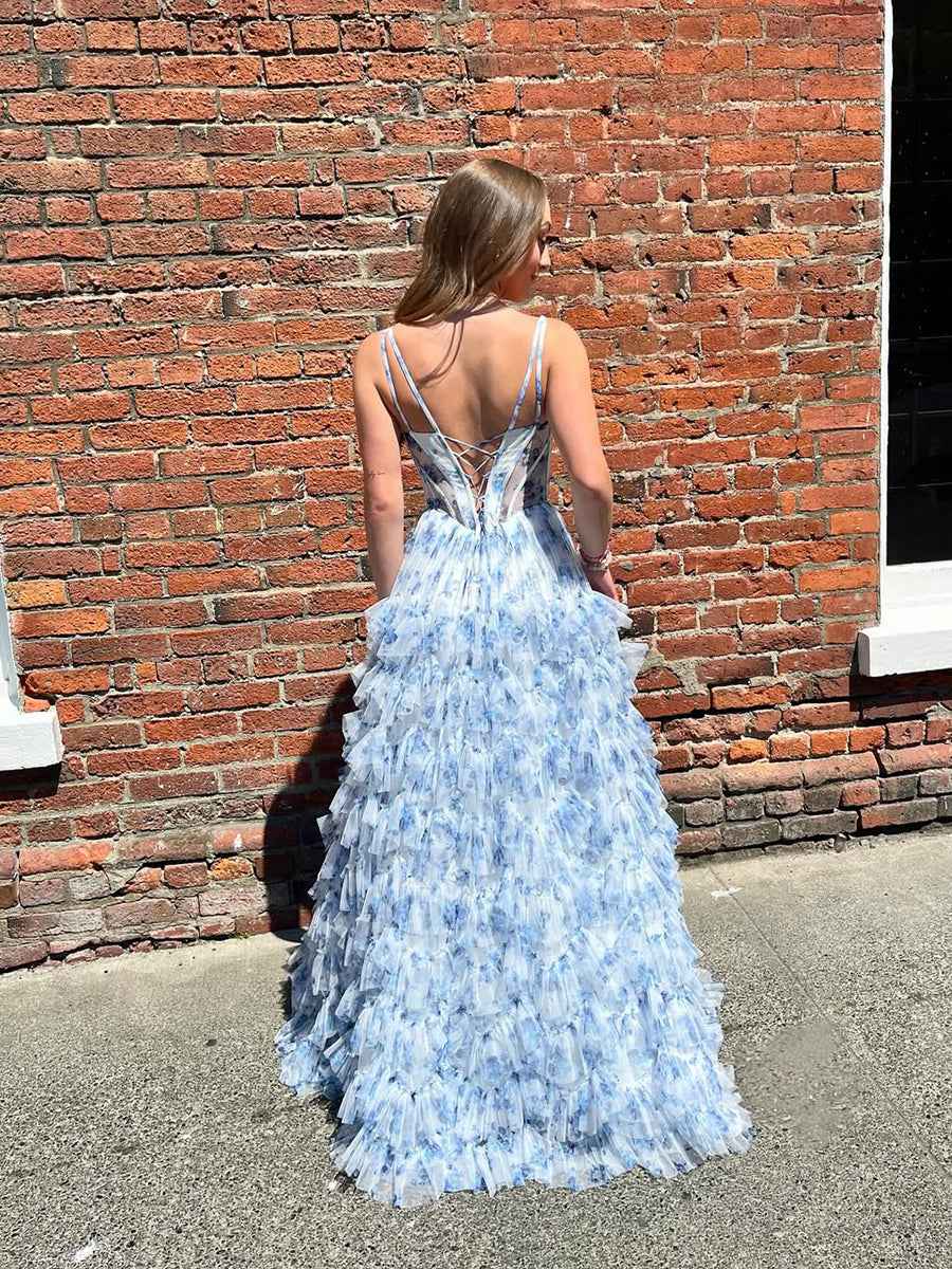 Whimsical Blue Floral Tiered Ruffled Corset Prom Dress
