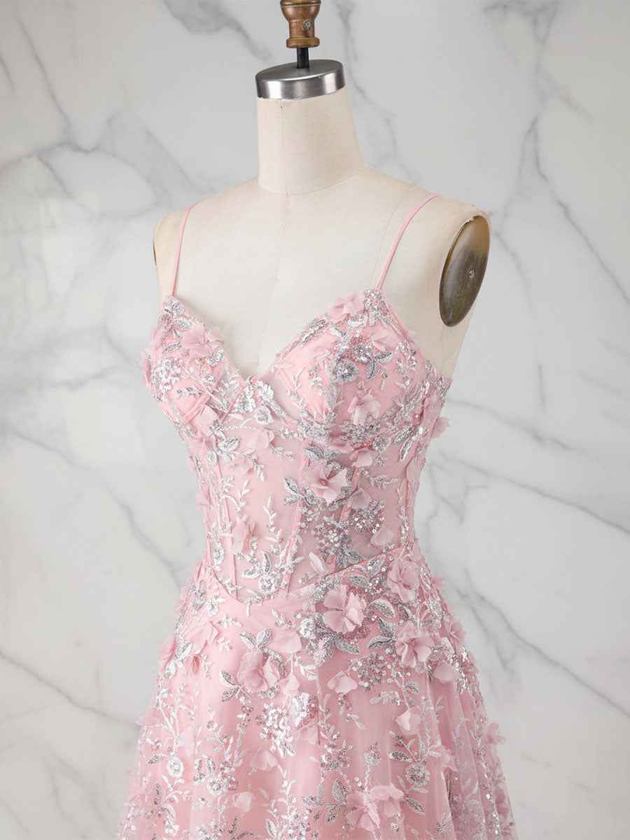 Whimsical Pink 3D Floral Applique Tulle Prom Dress with Slit