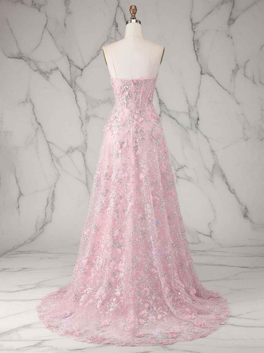 Whimsical Pink 3D Floral Applique Tulle Prom Dress with Slit