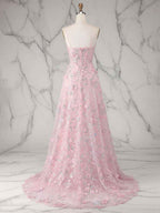 Whimsical Pink 3D Floral Applique Tulle Prom Dress with Slit