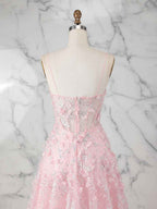 Whimsical Pink 3D Floral Applique Tulle Prom Dress with Slit