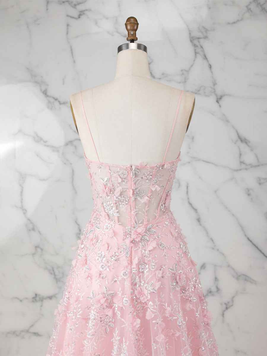 Whimsical Pink 3D Floral Applique Tulle Prom Dress with Slit