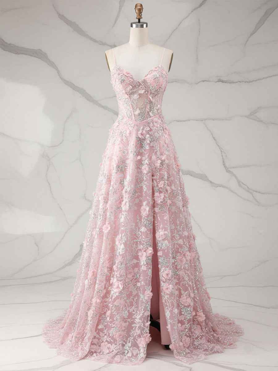 Whimsical Pink 3D Floral Applique Tulle Prom Dress with Slit
