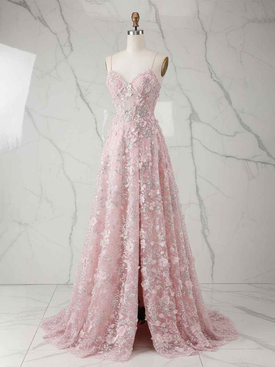 Whimsical Pink 3D Floral Applique Tulle Prom Dress with Slit