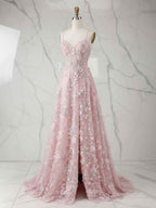 Whimsical Pink 3D Floral Applique Tulle Prom Dress with Slit