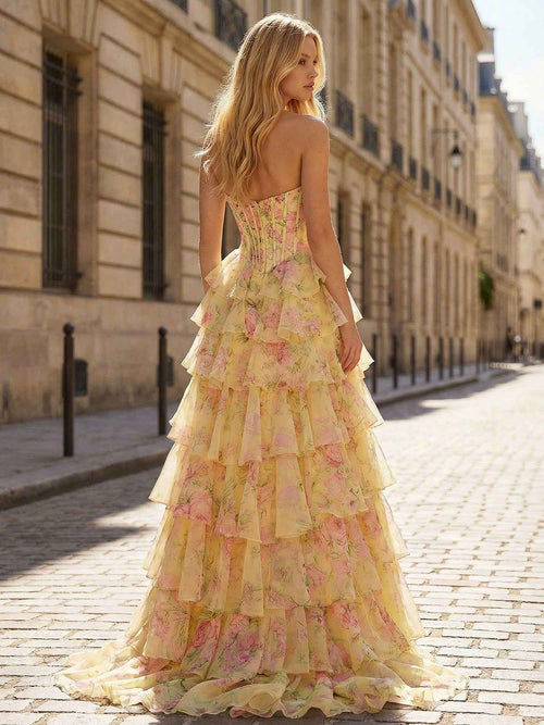 Whimsical Yellow Floral Tiered Ruffles Corset Prom Dress with Slit BMBRIDE