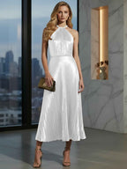 Luxurious Champagne-Gold Pleated Halter Midi Prom Dress