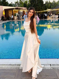 White Spaghetti Straps Satin Cowl Neck Prom Dress with Cascading Ruffle Slit
