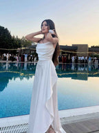 White Spaghetti Straps Satin Cowl Neck Prom Dress with Cascading Ruffle Slit
