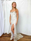 White Strapless Teardrop Sequin Embellishments Prom Dress with High Slit