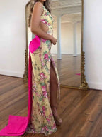 White Floral Embroidered Deep V-Neck Prom Dress with Oversized Bow Train