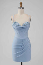 Glitter Navy Beaded Corset Lace-Up Back Tight Short Homecoming Dress