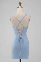 Sparkly Navy Beaded Corset Tight Short Homecoming Dress Bmbride