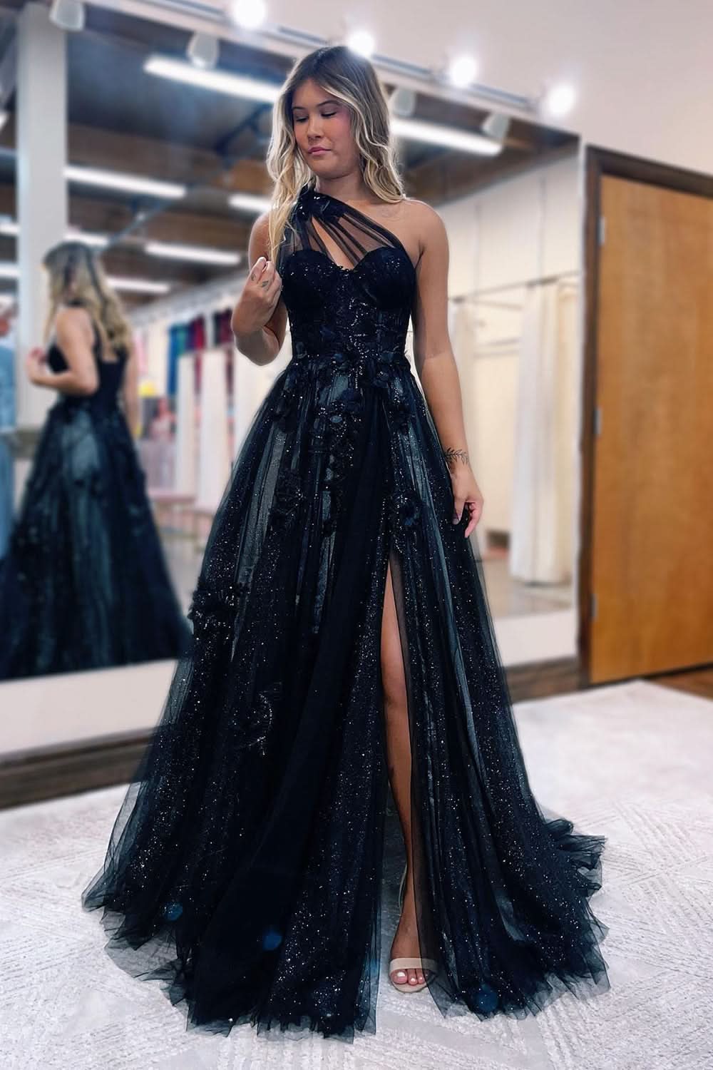 Elegant A-Line One Shoulder Black Long Prom Dress with Appliques BM bride