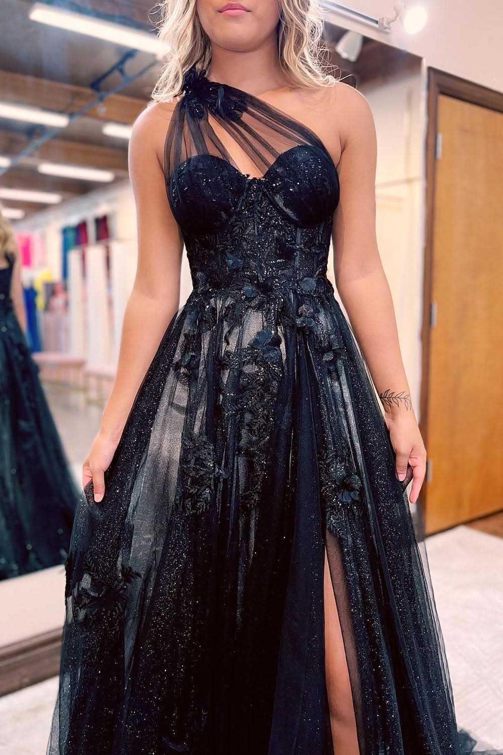 Elegant A-Line One Shoulder Black Long Prom Dress with Appliques BM bride