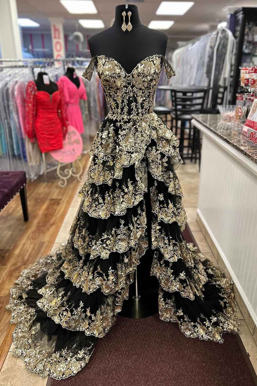 Fuchsia Princess Off the Shoulder Long Tiered Corset Prom Dress with Sequins