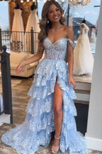 Elegant A-Line Lace Off-the-Shoulder Tiered Long Prom Dress with Slit BM bride