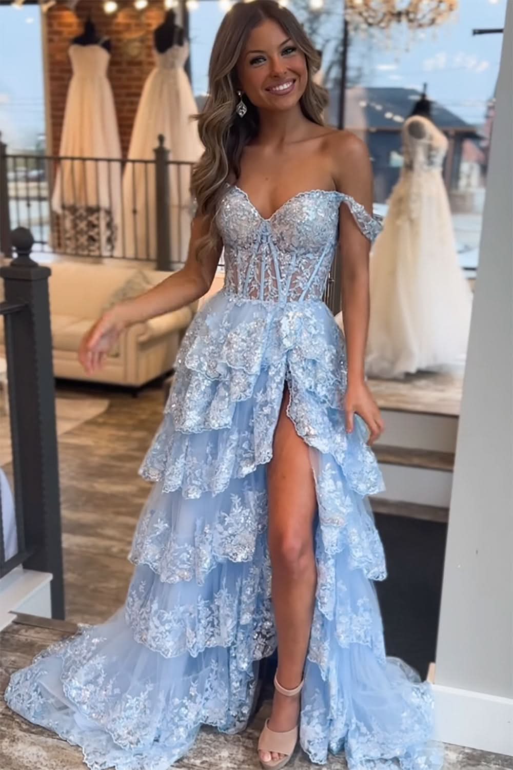 Princess A-Line Off-the-Shoulder Corset Prom Dress with Beautiful Lace Ruffles BM bride