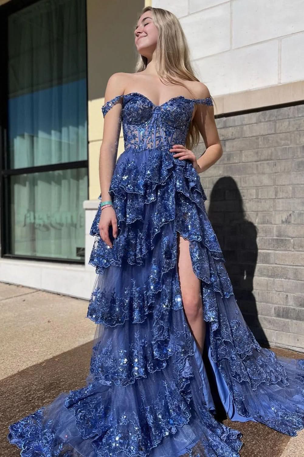 Princess A-Line Off-the-Shoulder Corset Prom Dress with Beautiful Lace Ruffles BM bride