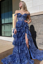 Princess A-Line Off-the-Shoulder Corset Prom Dress with Beautiful Lace Ruffles BM bride