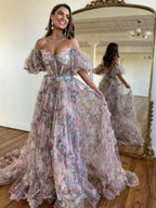 Lovely A-Line Off-The-Shoulder Floral Tulle Prom Dress BM bride