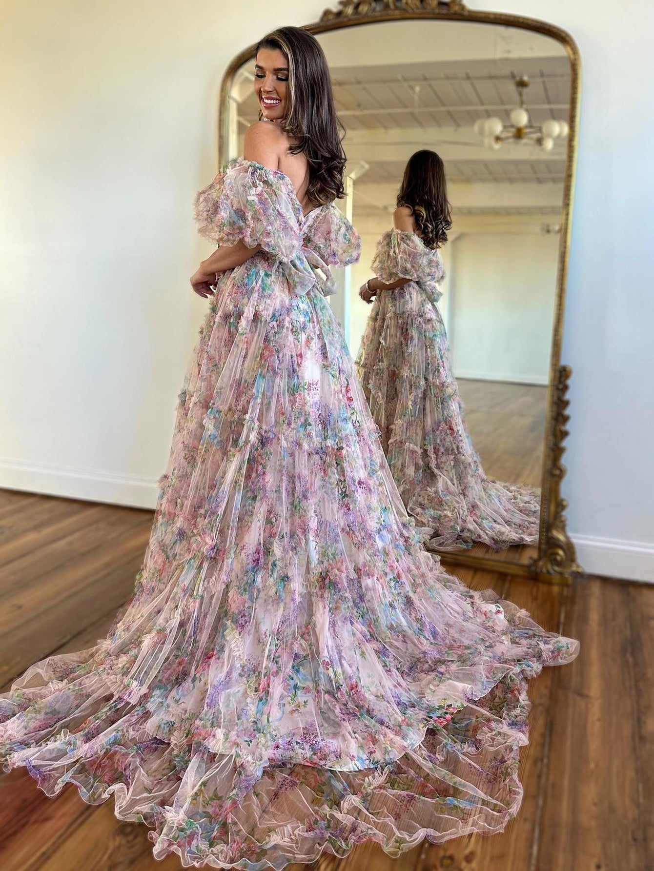 Lovely A-Line Off-The-Shoulder Floral Tulle Prom Dress BM bride