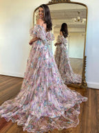 Lovely A-Line Off-The-Shoulder Floral Tulle Prom Dress BM bride
