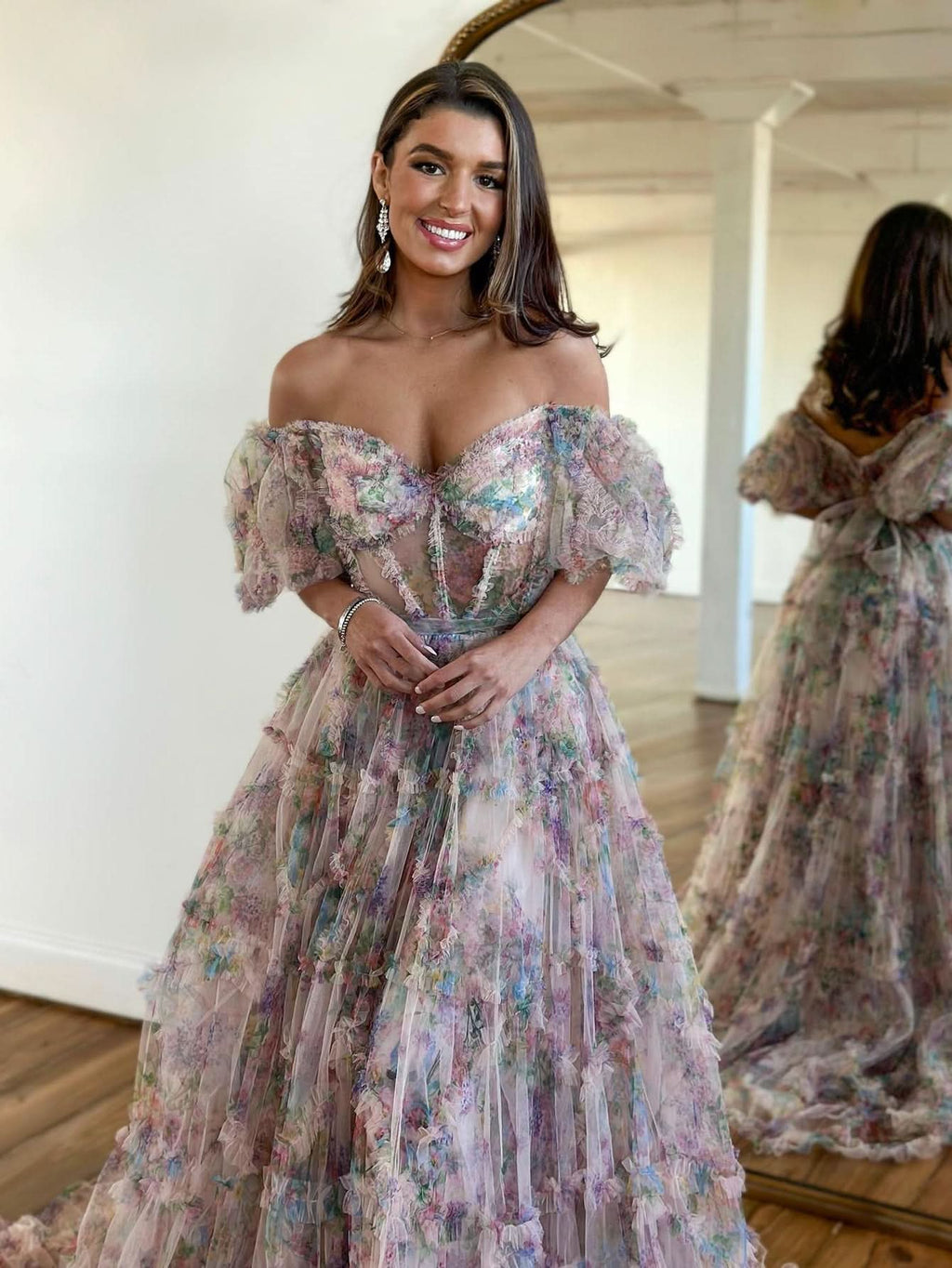 Lovely A-Line Off-The-Shoulder Floral Tulle Prom Dress BM bride
