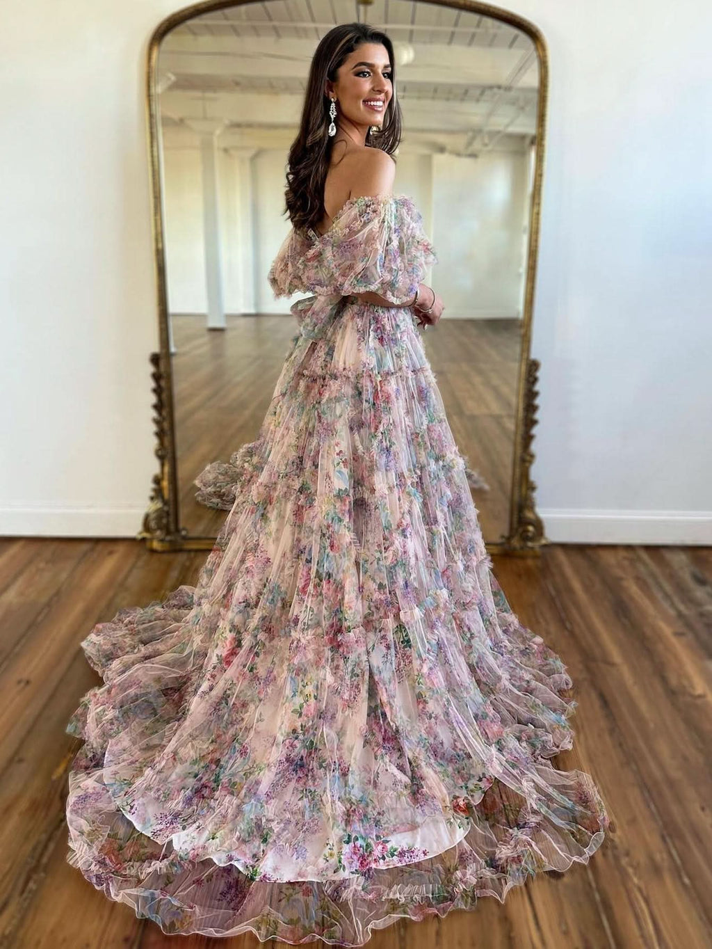 Lovely A-Line Off-The-Shoulder Floral Tulle Prom Dress BM bride