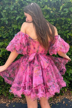 Whimsical A-Line Off-the-Shoulder Printed Homecoming Dress BM bride
