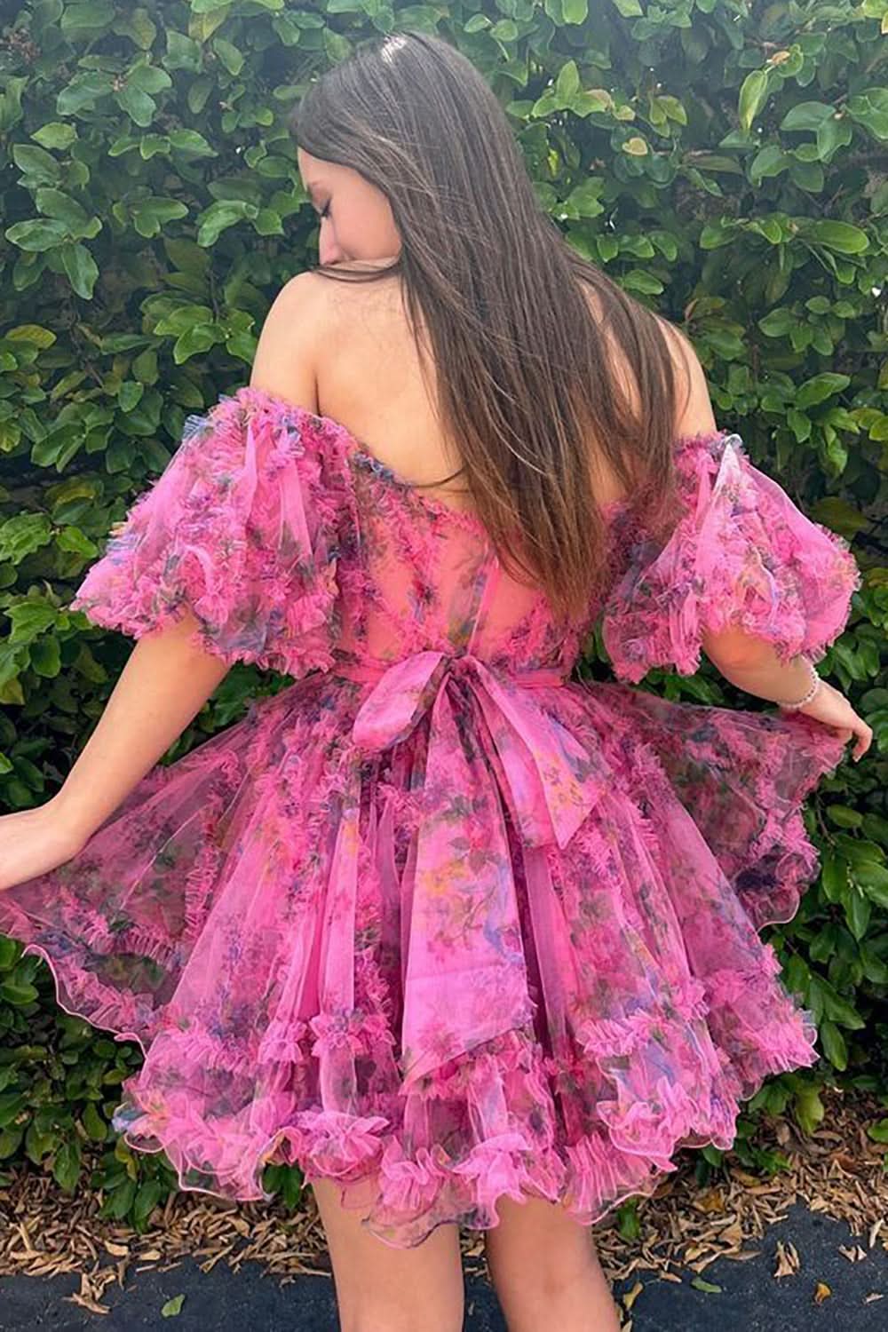 Whimsical A-Line Off-the-Shoulder Printed Homecoming Dress BM bride