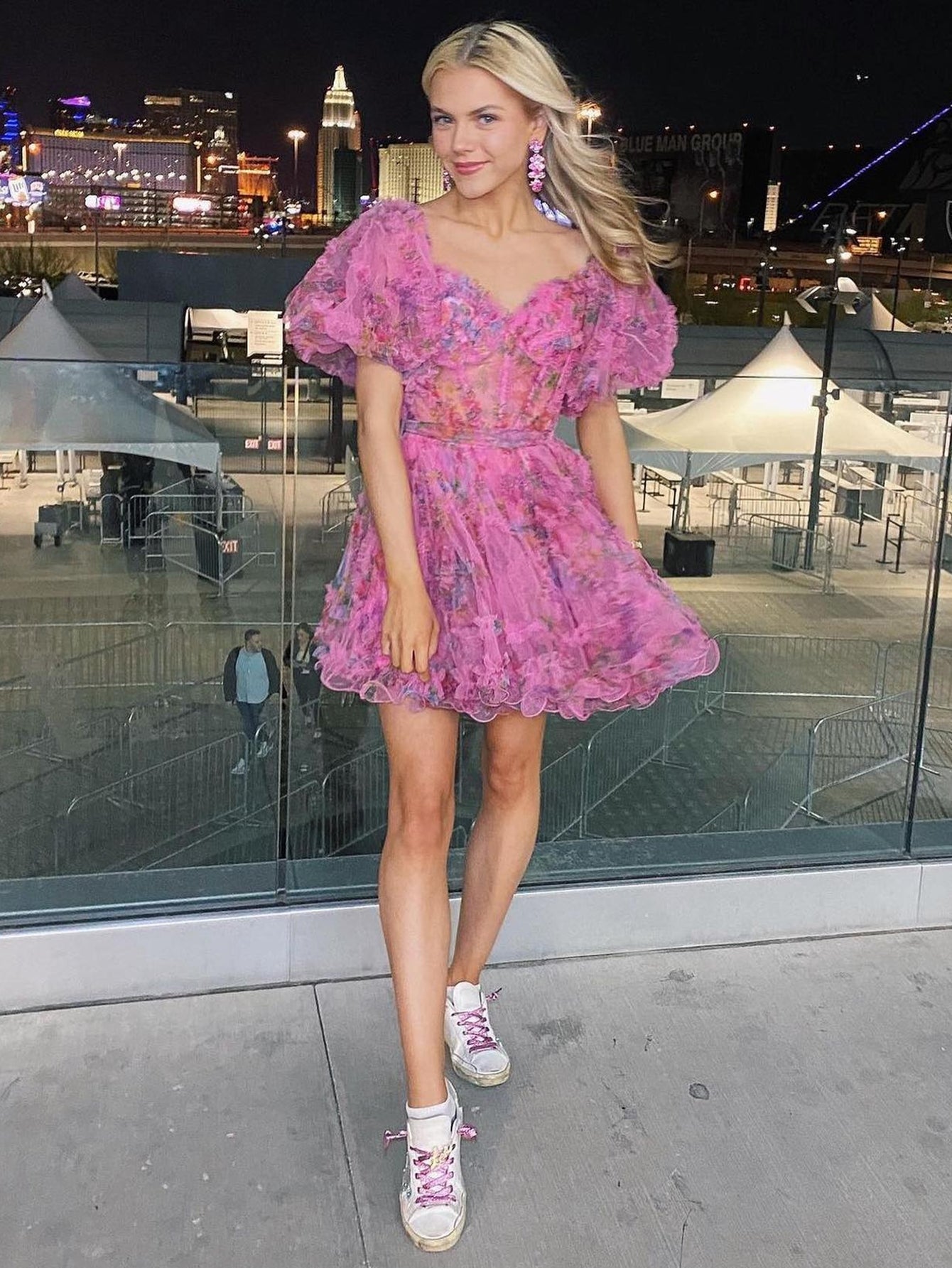 Delightful Pink A-Line Off-the-Shoulder Floral Printed Homecoming Dress BM bride