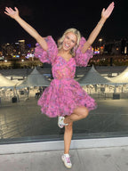 Flirty A-Line Floral Printed Off-the-Shoulder Dress for a Fun Homecoming BM bride