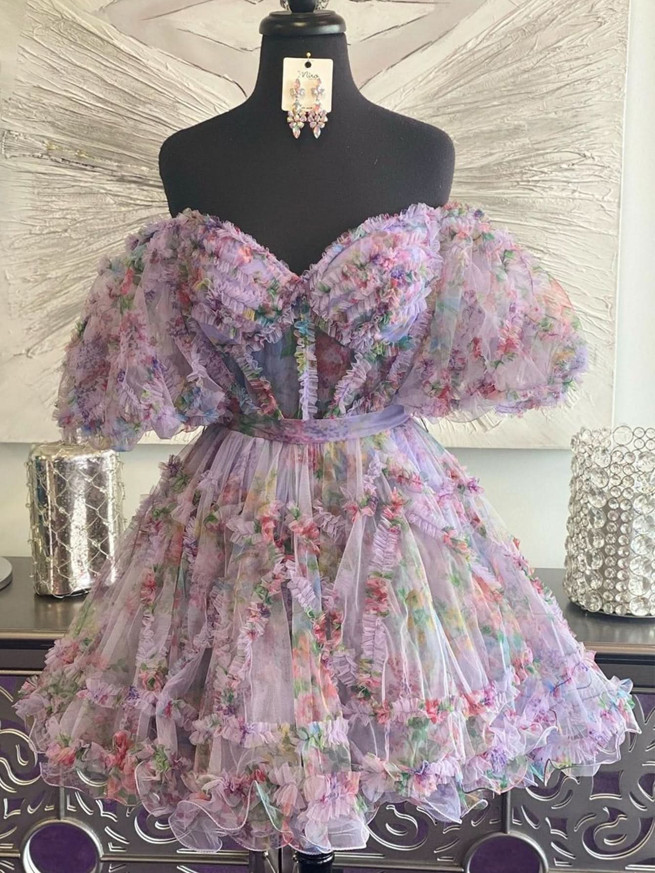 Flirty A-Line Floral Printed Off-the-Shoulder Dress for a Fun Homecoming BM bride