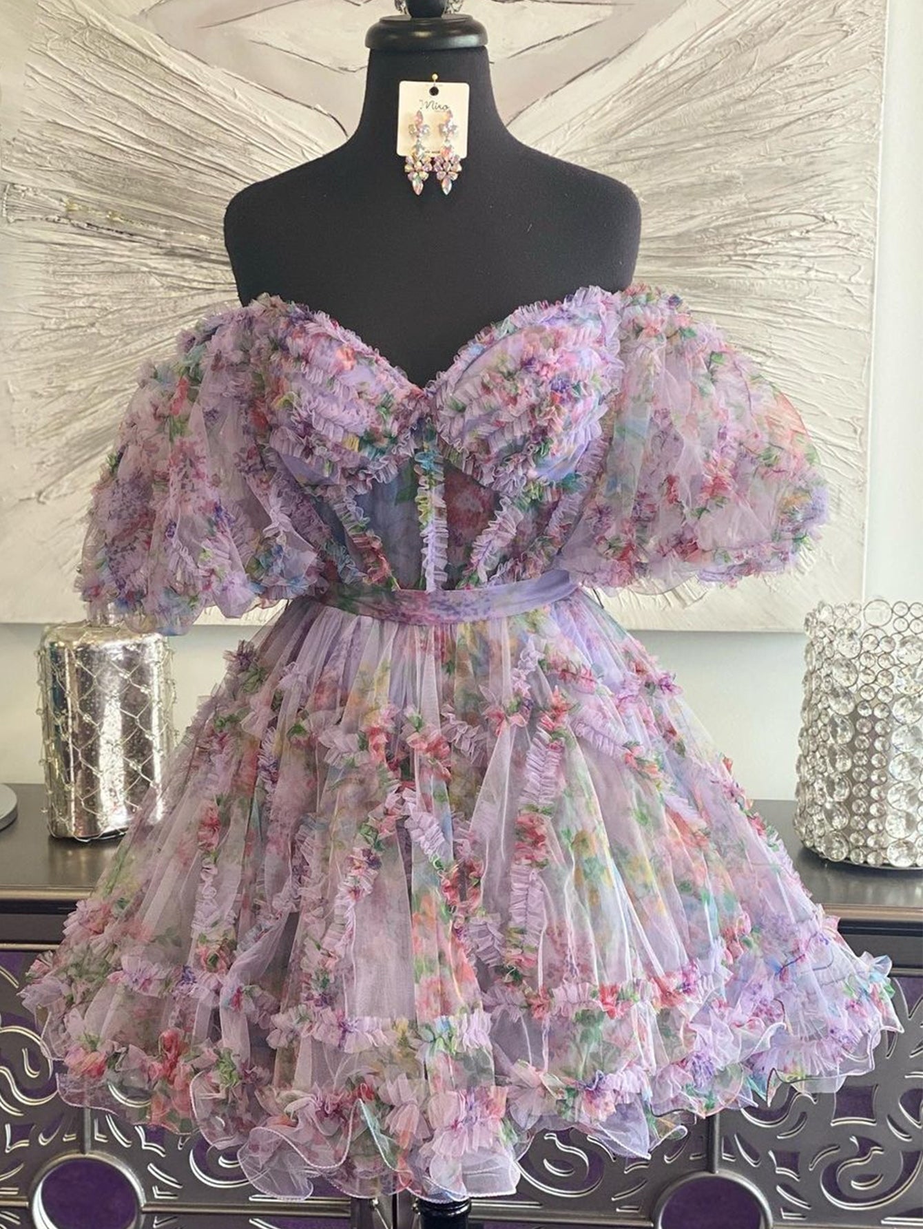 Graceful Light Purple A Line Off the Shoulder Floral Printed Homecoming Dress BM bride