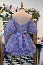 Whimsical A-Line Off-the-Shoulder Printed Homecoming Dress BM bride