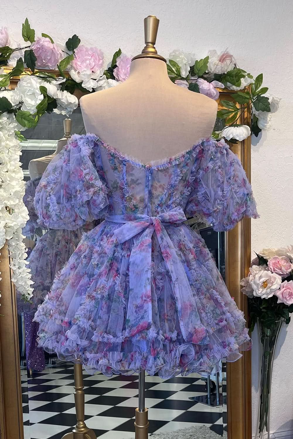 Whimsical A-Line Off-the-Shoulder Printed Homecoming Dress BM bride