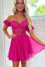 Romantic Lavender Off the Shoulder Corset Homecoming Dress with Lovely Ruffles BM bride