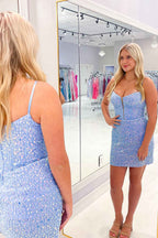 Glitter Royal Blue Corset Tight Short Sequins Homecoming Dress Bmbride