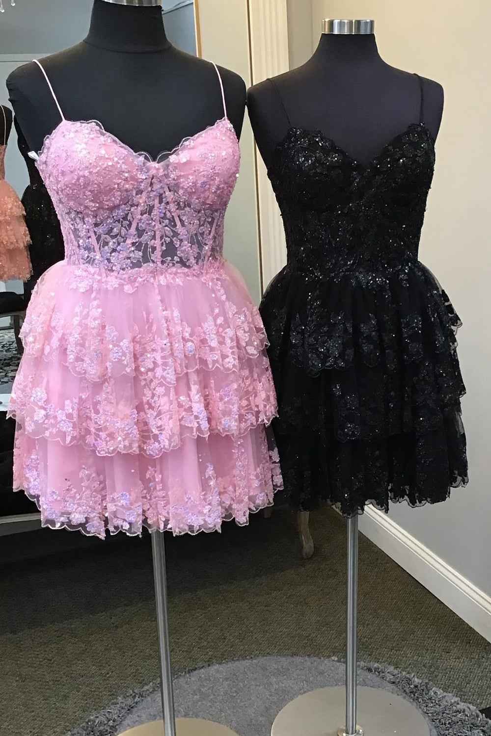 Sparkly Blue Corset Top Spaghetti Straps A-Line Lace Short Homecoming Dress