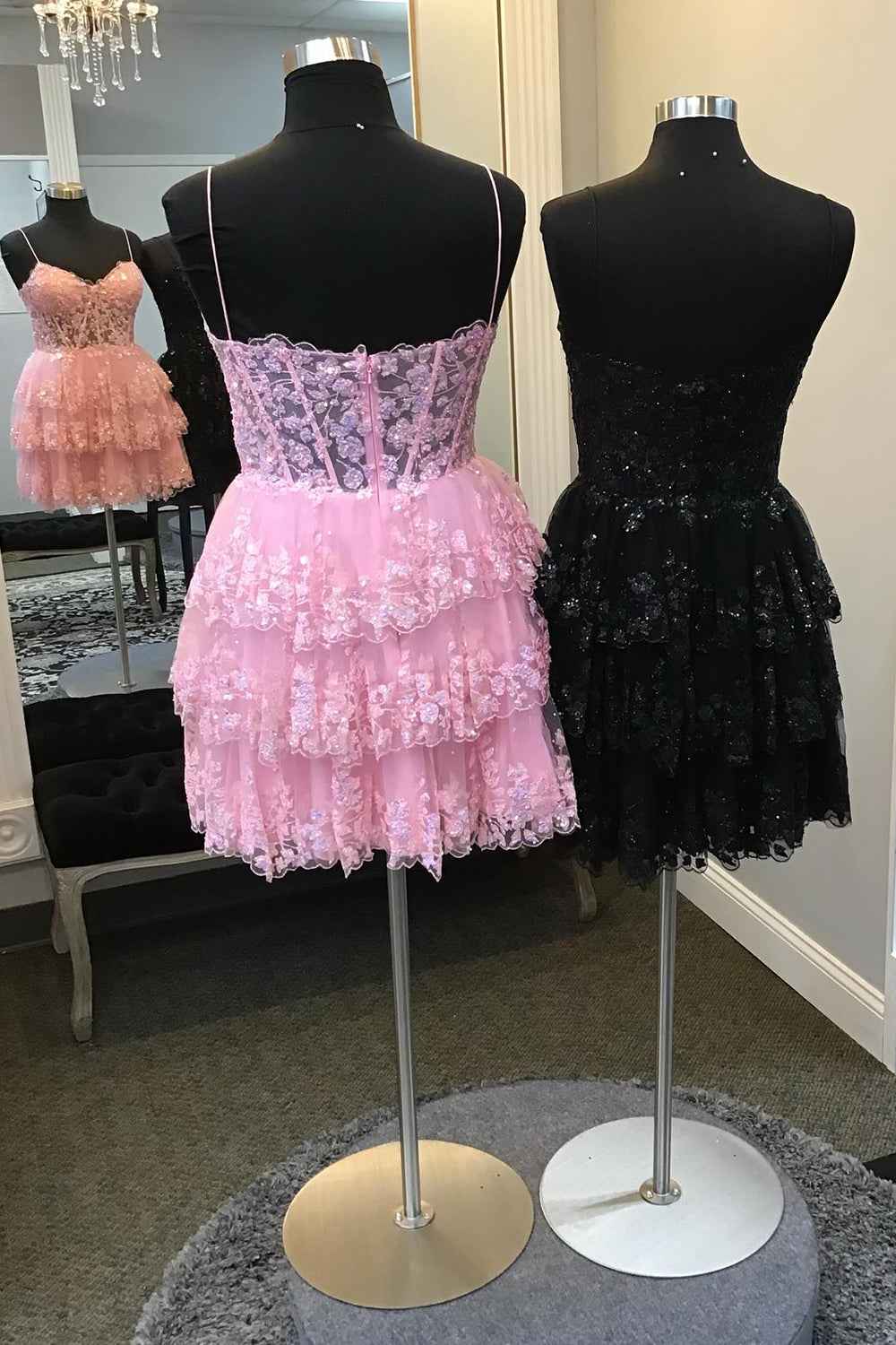 Sparkly Pink Corset Top Spaghetti Straps A-Line Lace Short Homecoming Dress Bmbride