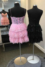 Sparkly Pink Corset Top Spaghetti Straps A-Line Lace Short Homecoming Dress Bmbride