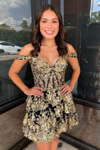 Sparkly Golden A-Line Tiered Lace Short Homecoming Prom Dress Bmbride