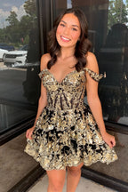 Sparkly Golden A-Line Tiered Lace Short Homecoming Prom Dress Bmbride