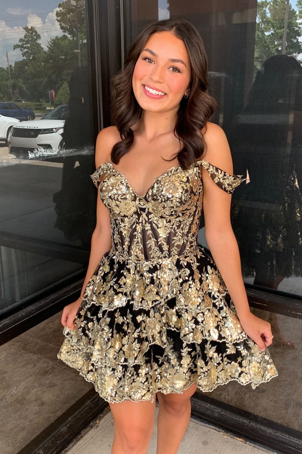 Sparkly Golden A-Line Tiered Lace Short Homecoming Prom Dress Bmbride
