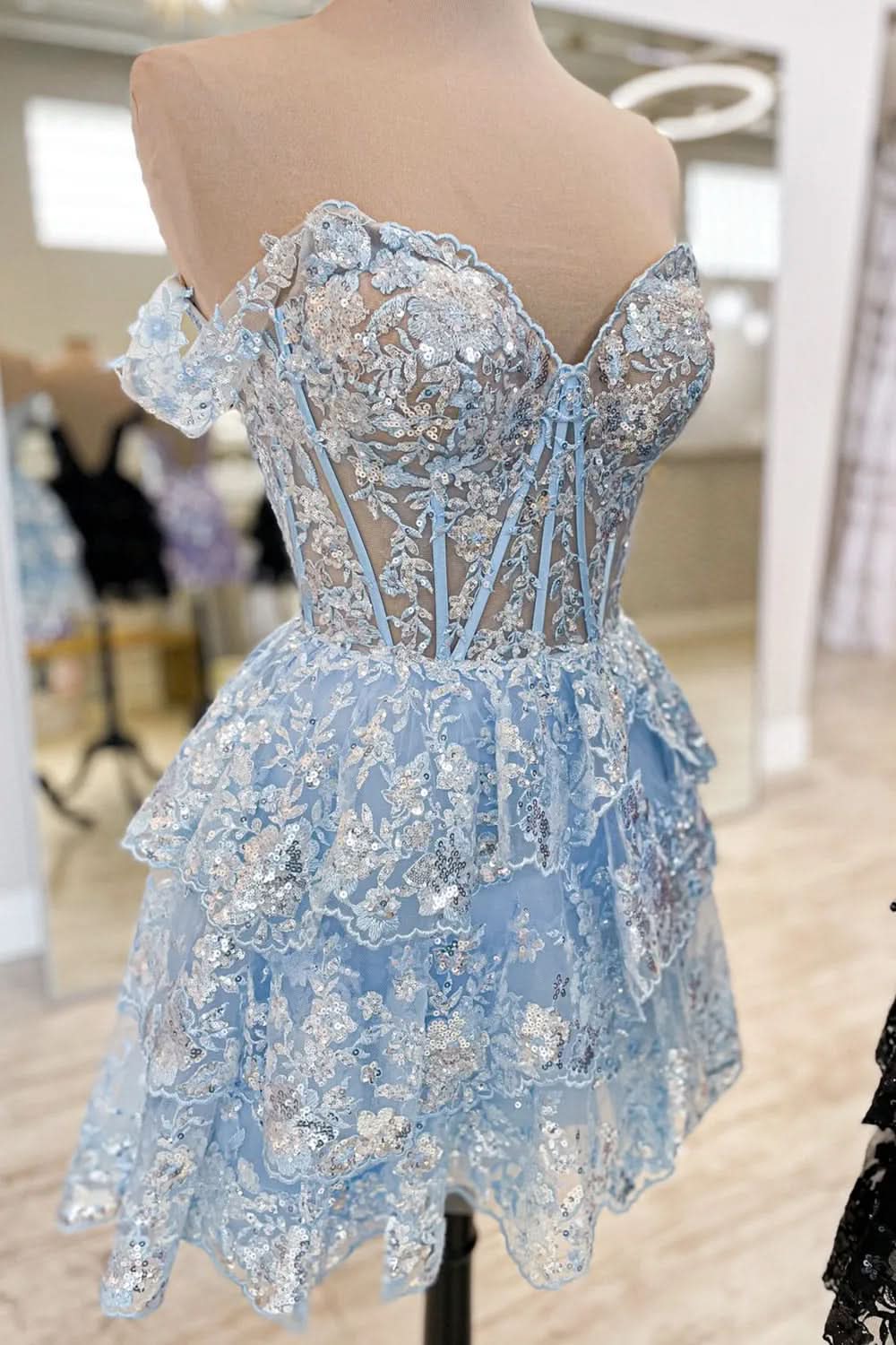 Sparkly Golden A-Line Tiered Lace Short Homecoming Prom Dress Bmbride