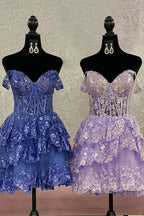 Glitter Fuchsia Tiered A-Line Short Lace Homecoming Dress Bmbride